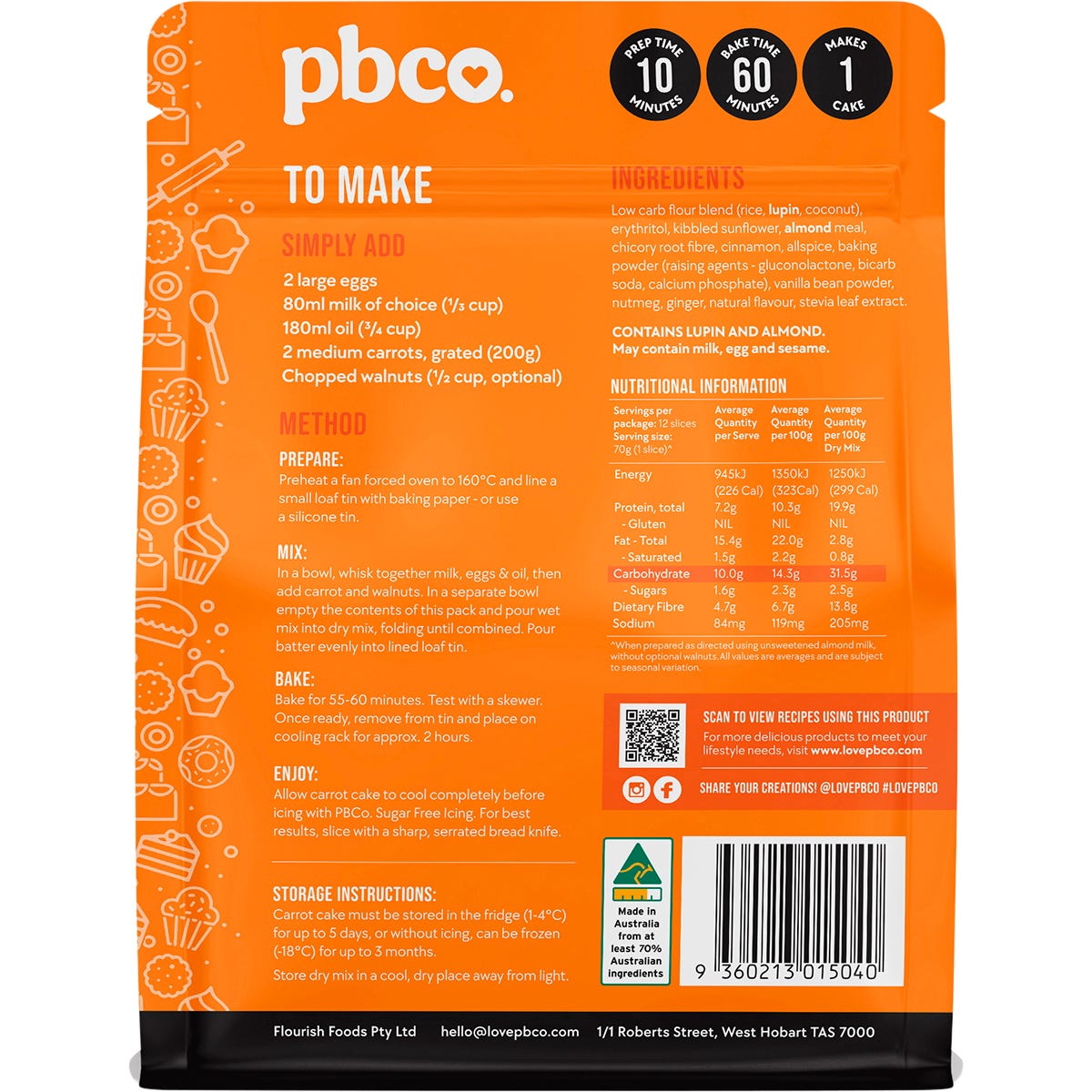 PBco Carrot Cake Mix Low Carb 350g