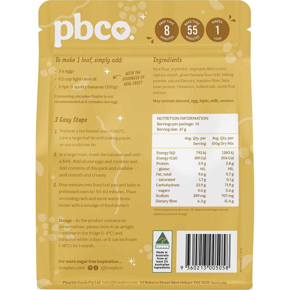 PBco Banana Bread Mix 94% Sugar Free 350g