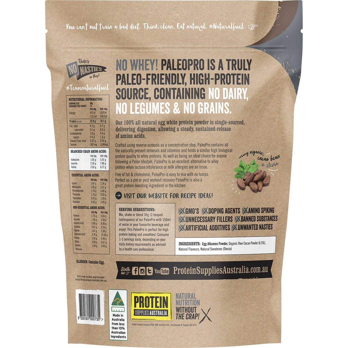 Protein Supplies Australia PaleoPro Egg White Protein Chocolate 400g