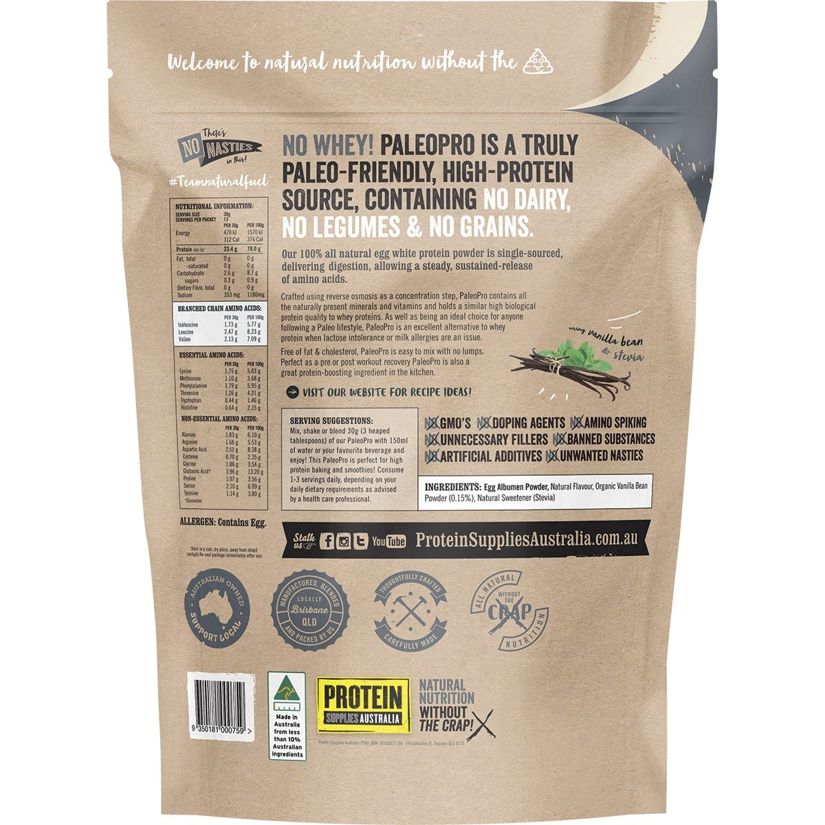 Protein Supplies Australia PaleoPro Egg White Protein Vanilla Bean 400g