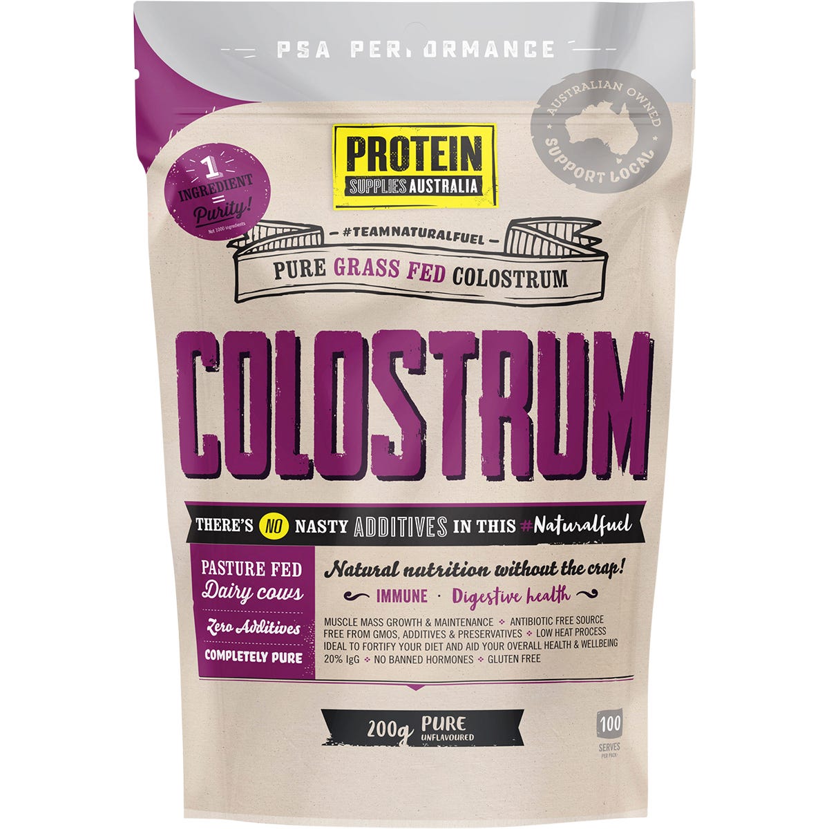 Protein Supplies Australia Colostrum Grass Fed Pure 20% Immunoglobulin (IgG) 200g