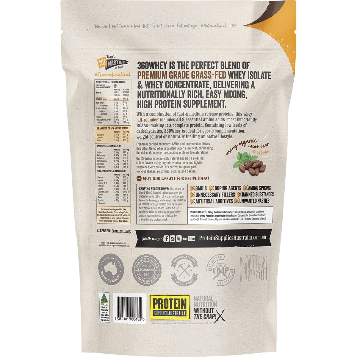 Protein Supplies Australia 360Whey Chocolate WPI+WPC Combo 1kg