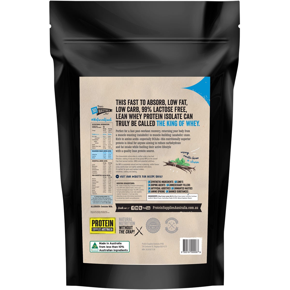 Protein Supplies Australia WPI Whey Protein Isolate Vanilla Bean 3kg