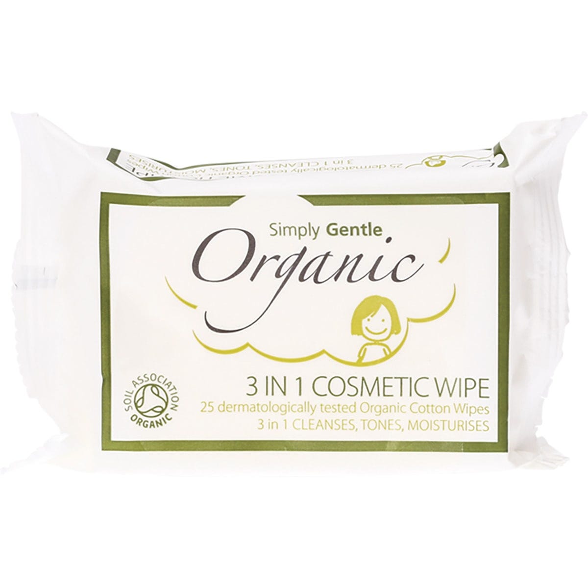 Simply Gentle Organic 3 in 1 Cosmetic Wipe Cleanses, Tones, Moisturises 25pk