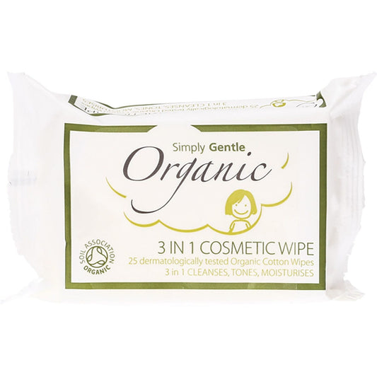 Simply Gentle Organic 3 in 1 Cosmetic Wipe Cleanses, Tones, Moisturises 25pk