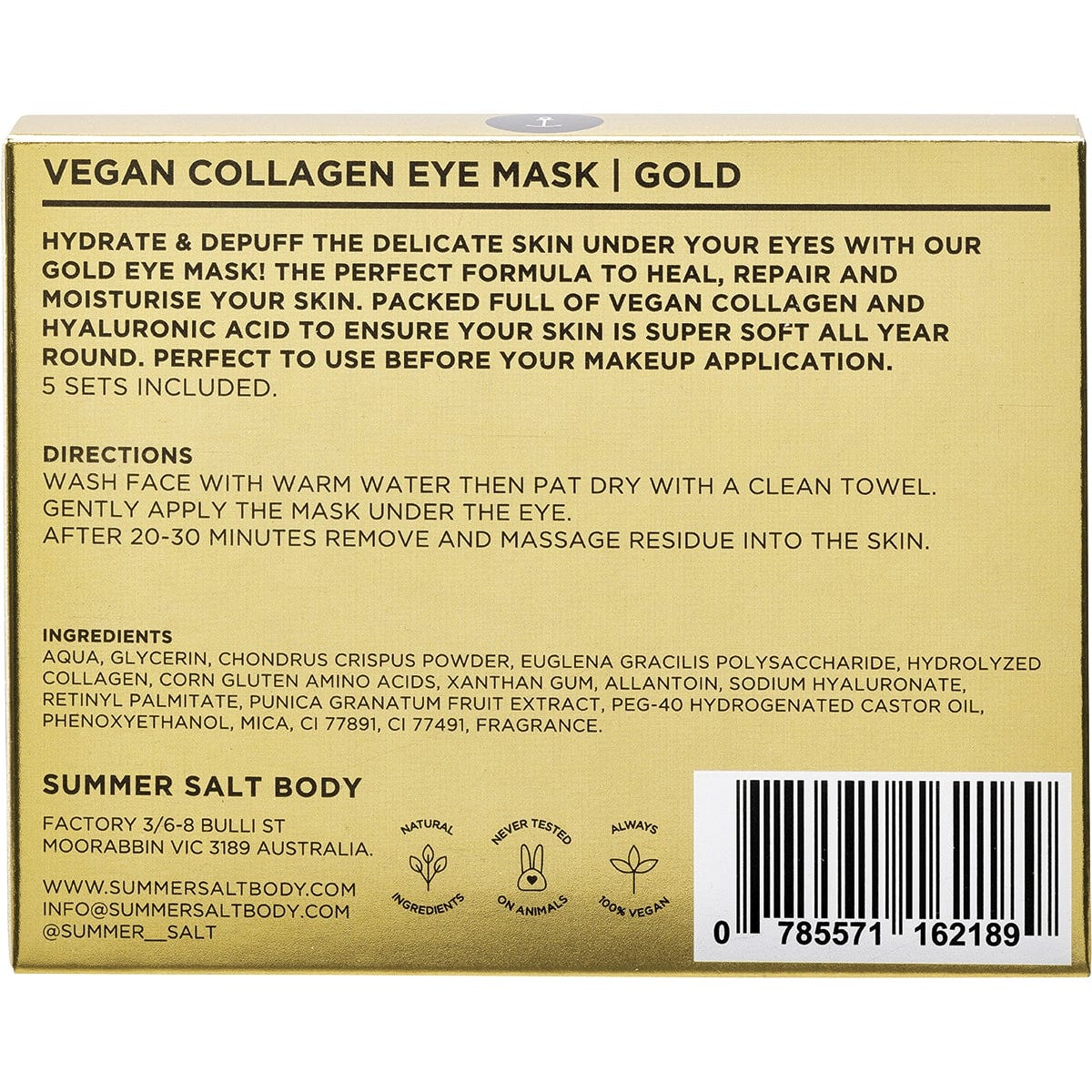 Summer Salt Body Vegan Collagen Eye Mask Sets Gold 5pk