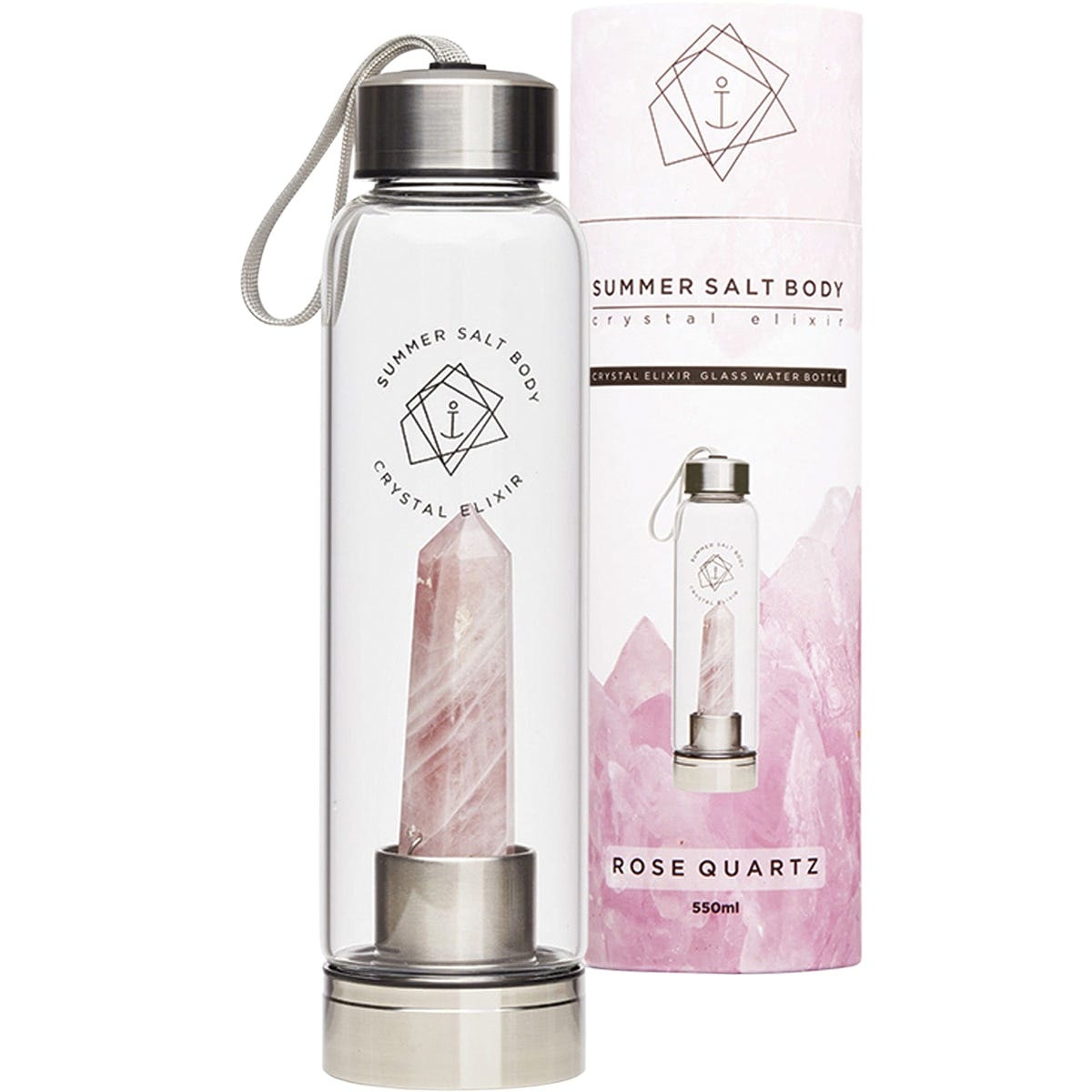 Summer Salt Body Crystal Elixir Glass Water Bottle Rose Quartz 550ml