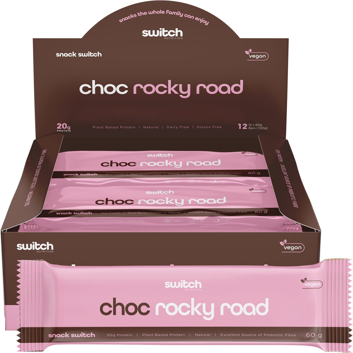 Switch Nutrition Protein Bar Plant Based Choc Rocky Road 12x60g