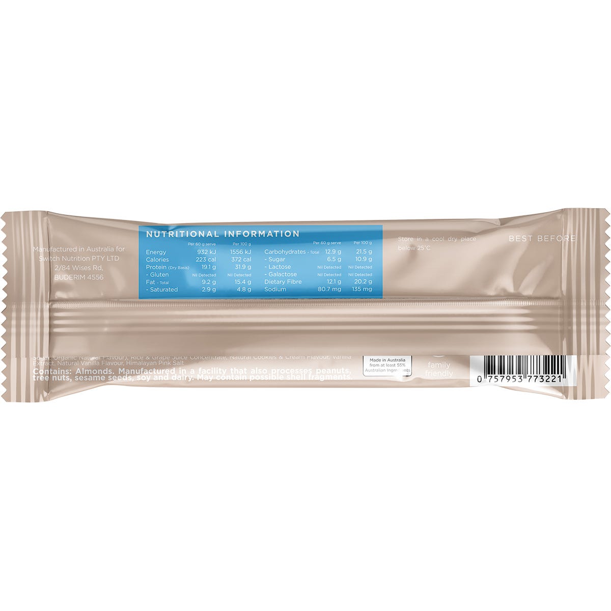 Switch Nutrition Protein Bar Plant Based Cookies and Cream 12x60g