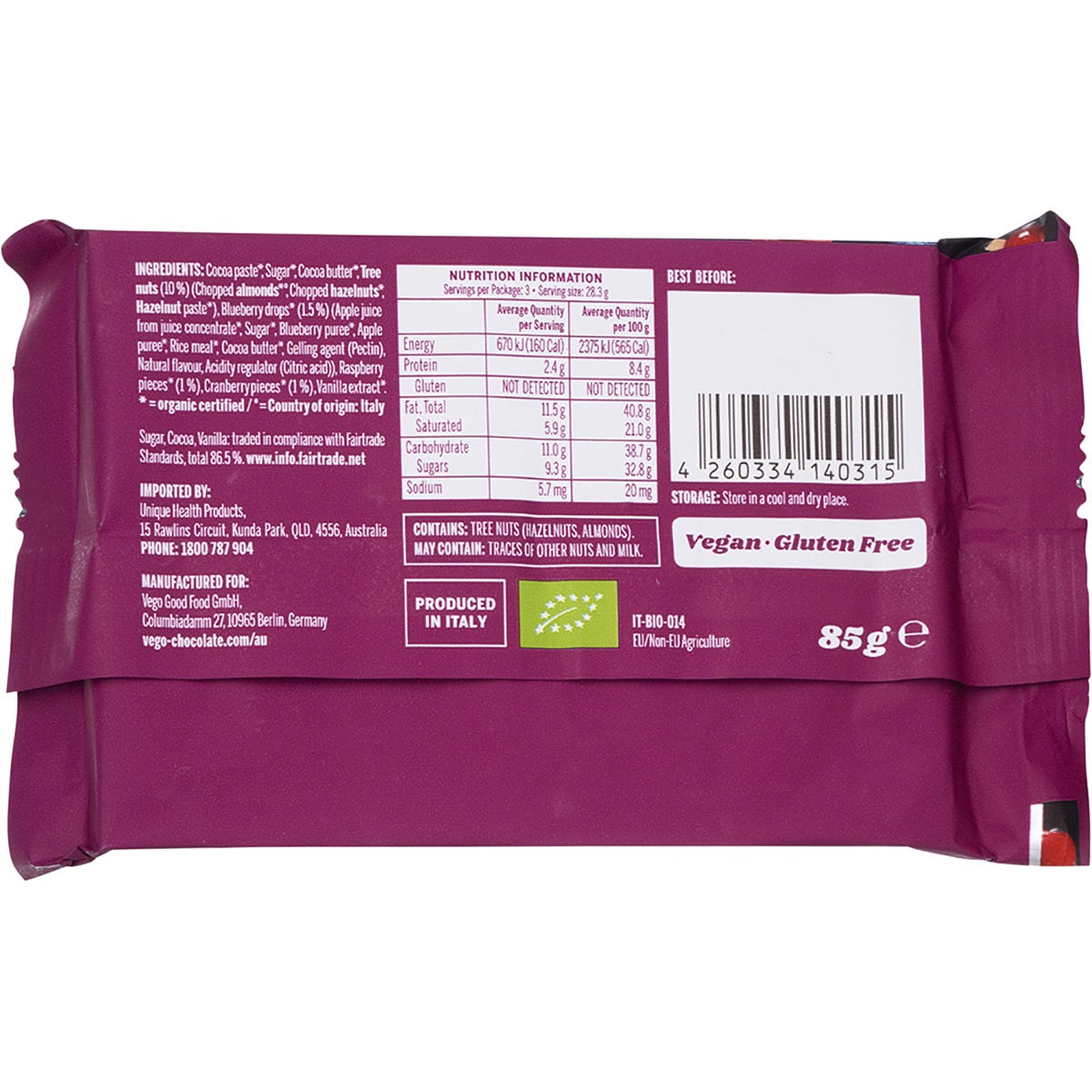 Vego Dark Chocolate Bar Nuts & Berries 12x85g