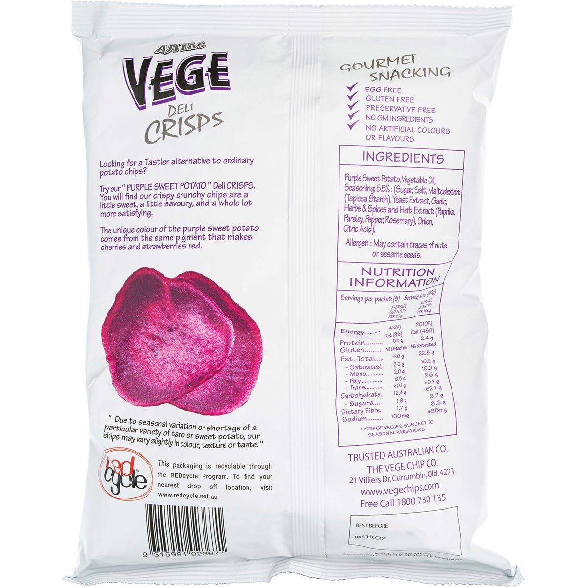 Vege Chips Vege Deli Crisps Purple Sweet Potato 6x100g