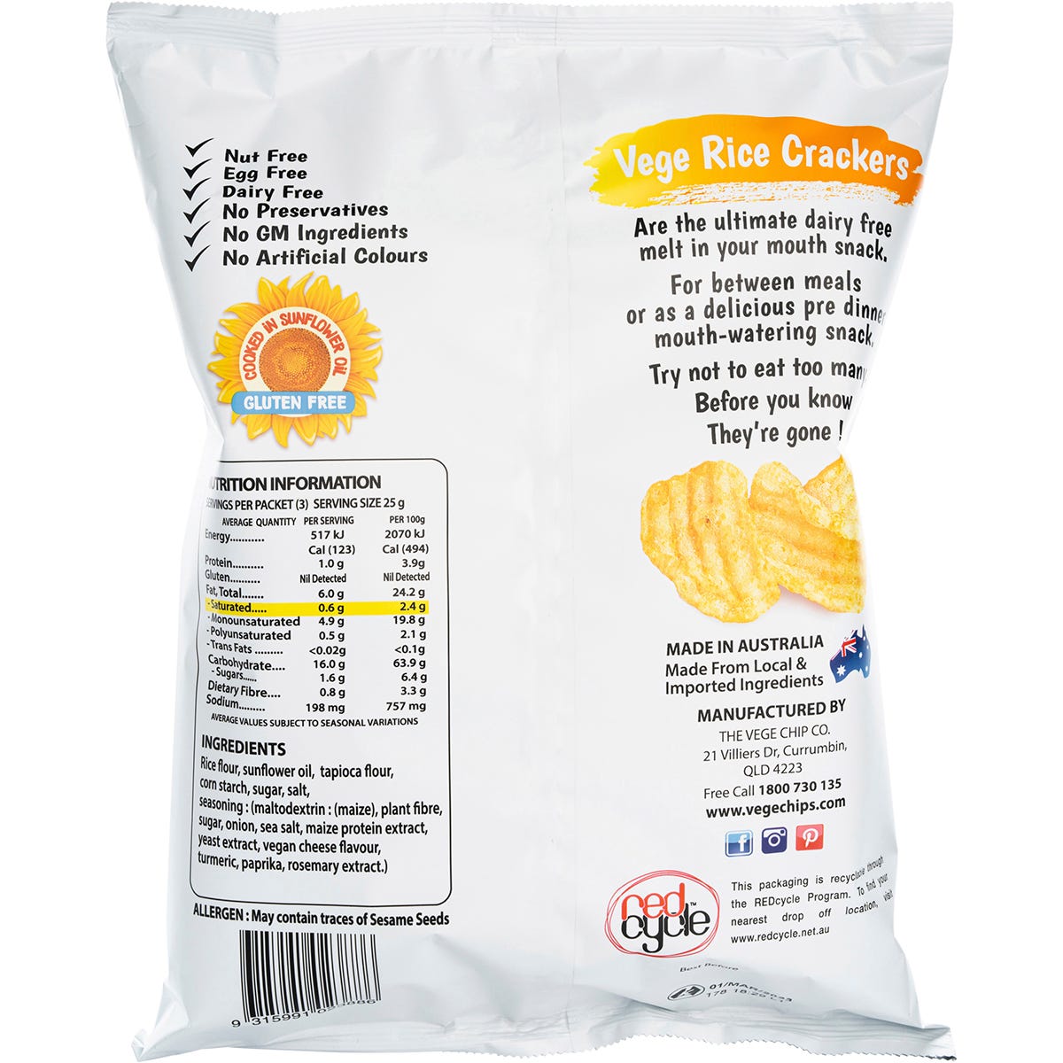 Vege Chips Vege Rice Crackers Tasty Cheese 5x75g