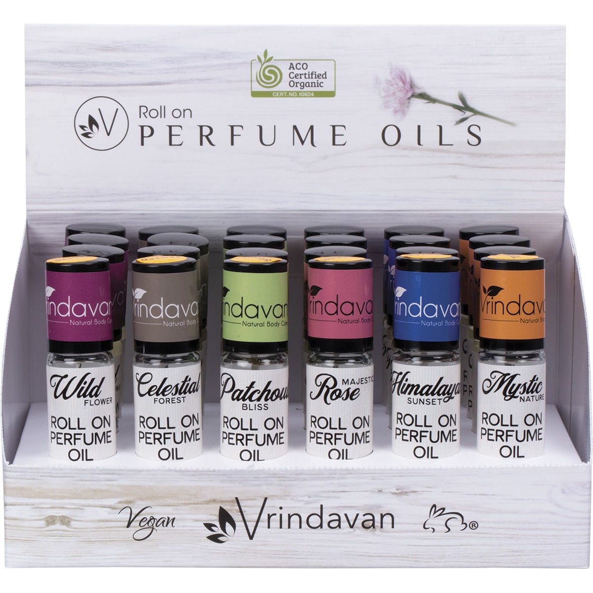 Vrindavan Perfume Oil Counter Display Incl 4 of each VR91-VR97 18x10ml