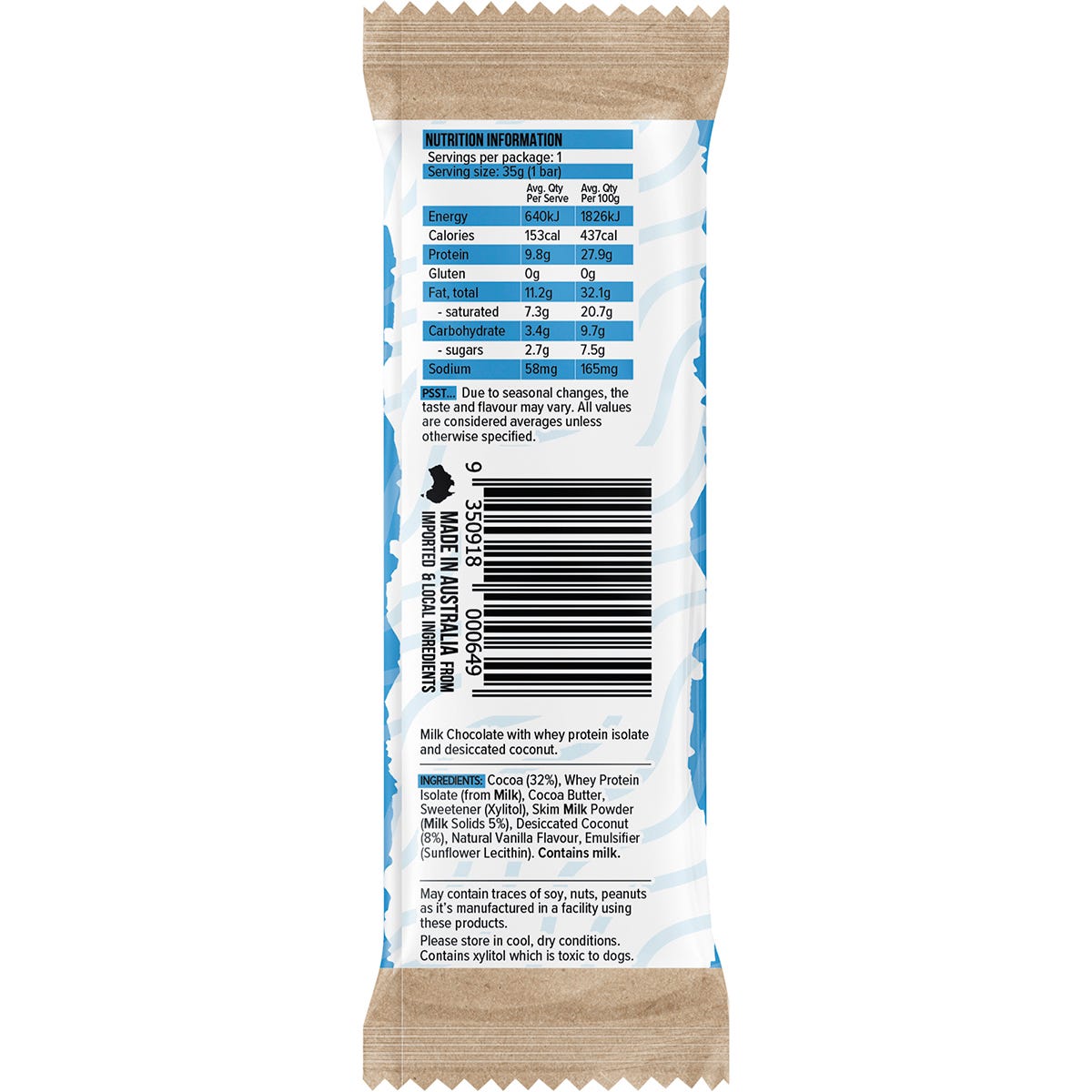 Vitawerx Protein Milk Chocolate Bar Coconut Rough 12x35g