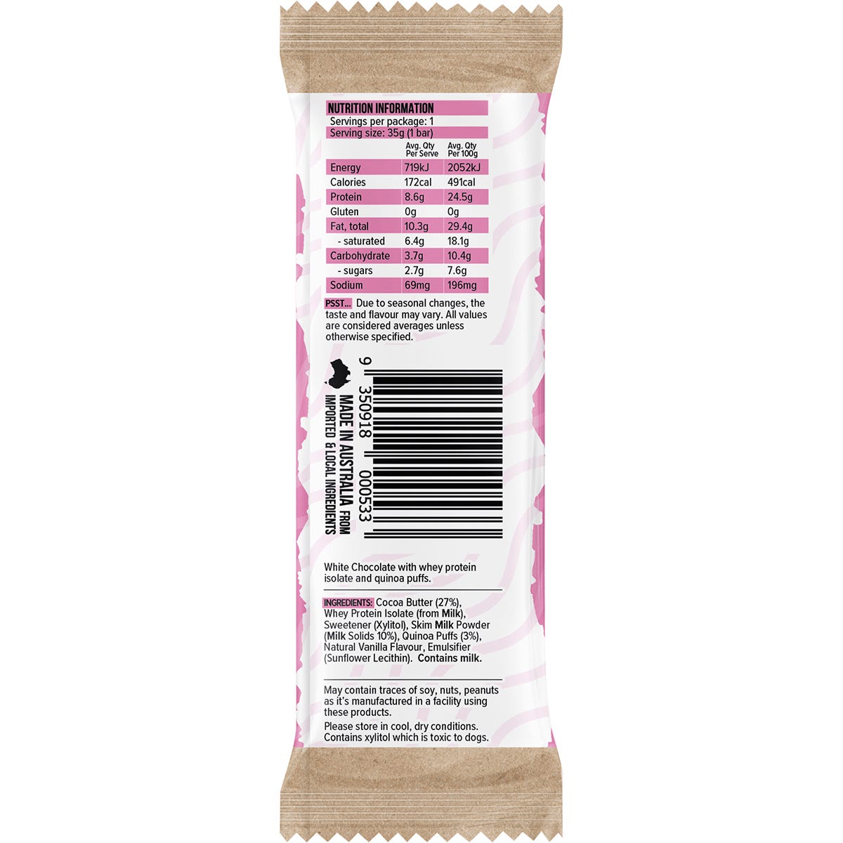 Vitawerx Protein White Chocolate Bar Raspberry Macadamia 12x35g