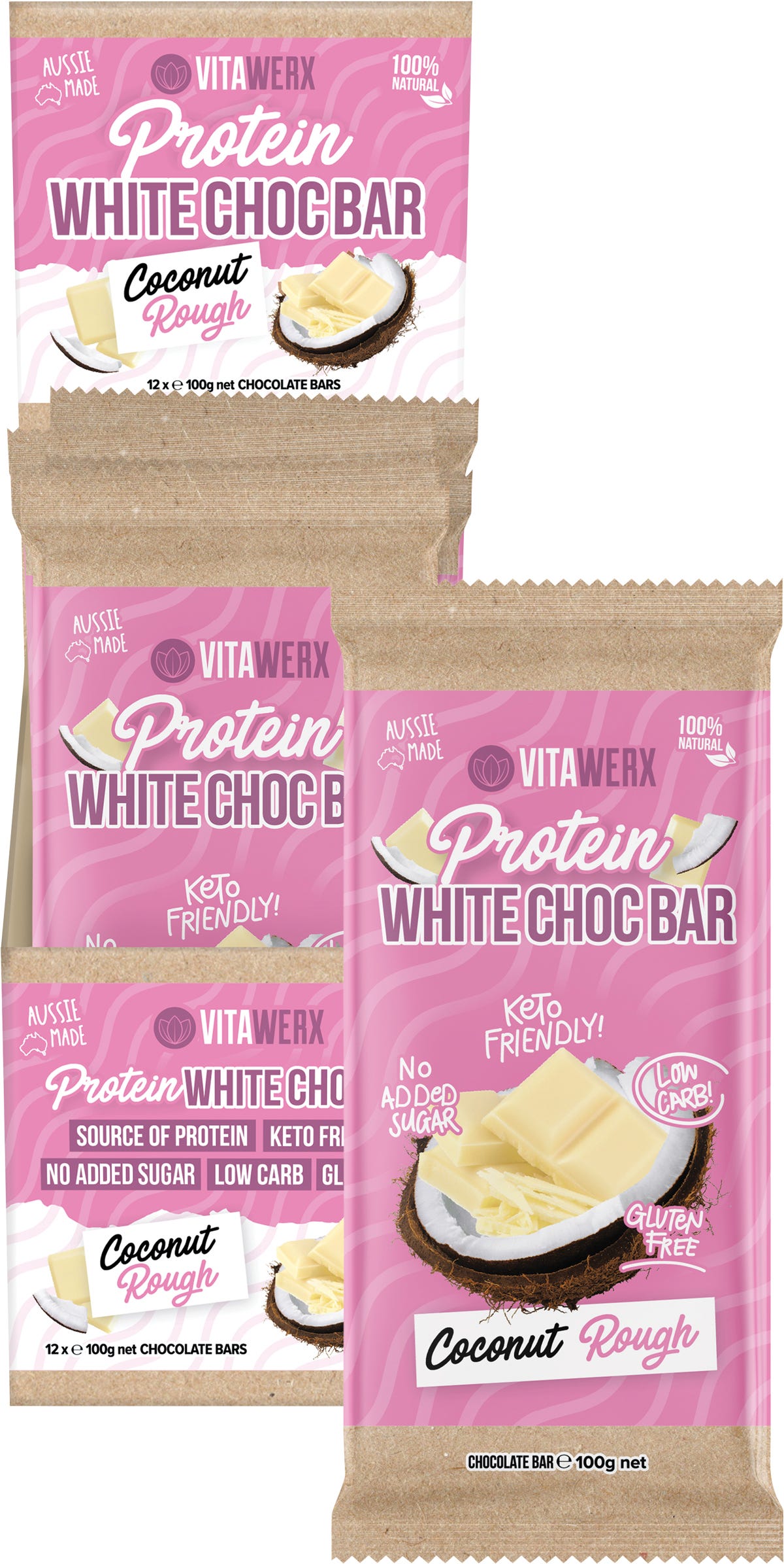 Vitawerx Protein White Chocolate Bar Coconut Rough 12x100g