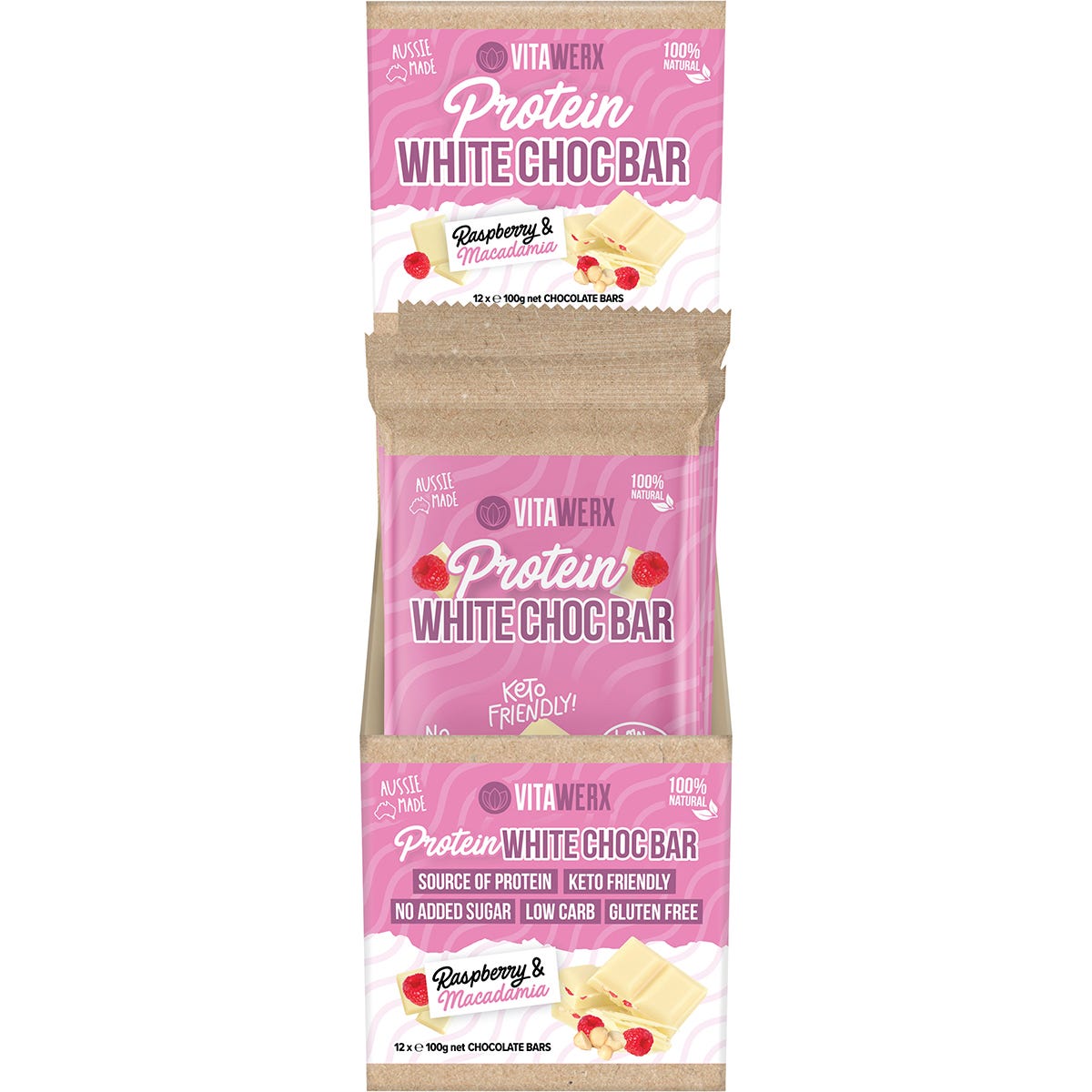 Vitawerx Protein White Chocolate Bar Raspberry Macadamia 12x100g