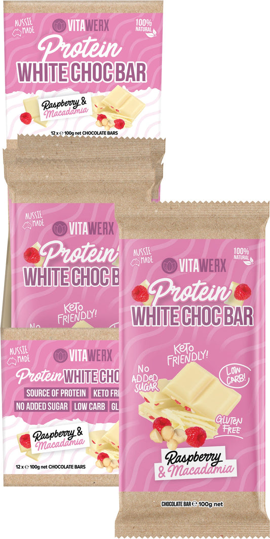 Vitawerx Protein White Chocolate Bar Raspberry Macadamia 12x100g