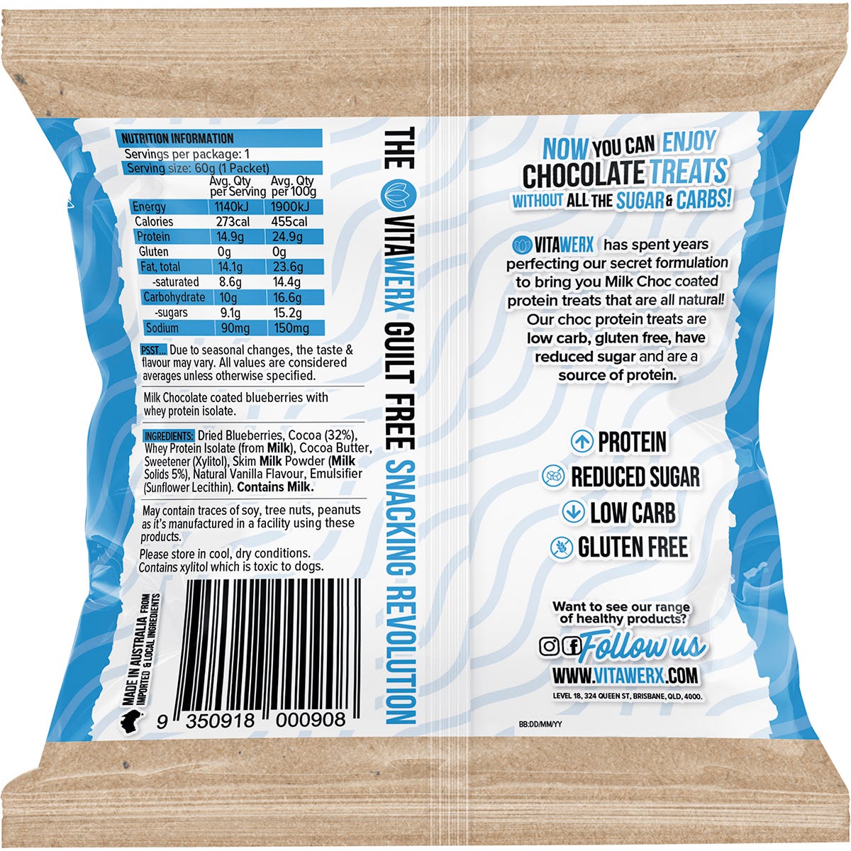 Vitawerx Protein Milk Chocolate Coated Blueberries 10x60g