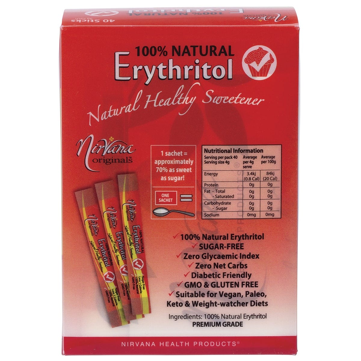 Nirvana Originals Erythritol 100% Natural Sticks 40x4g