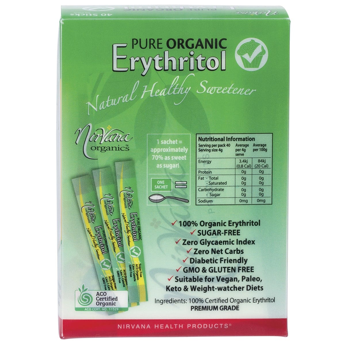 Nirvana Organics Erythritol Pure Organic Sticks 40x4g